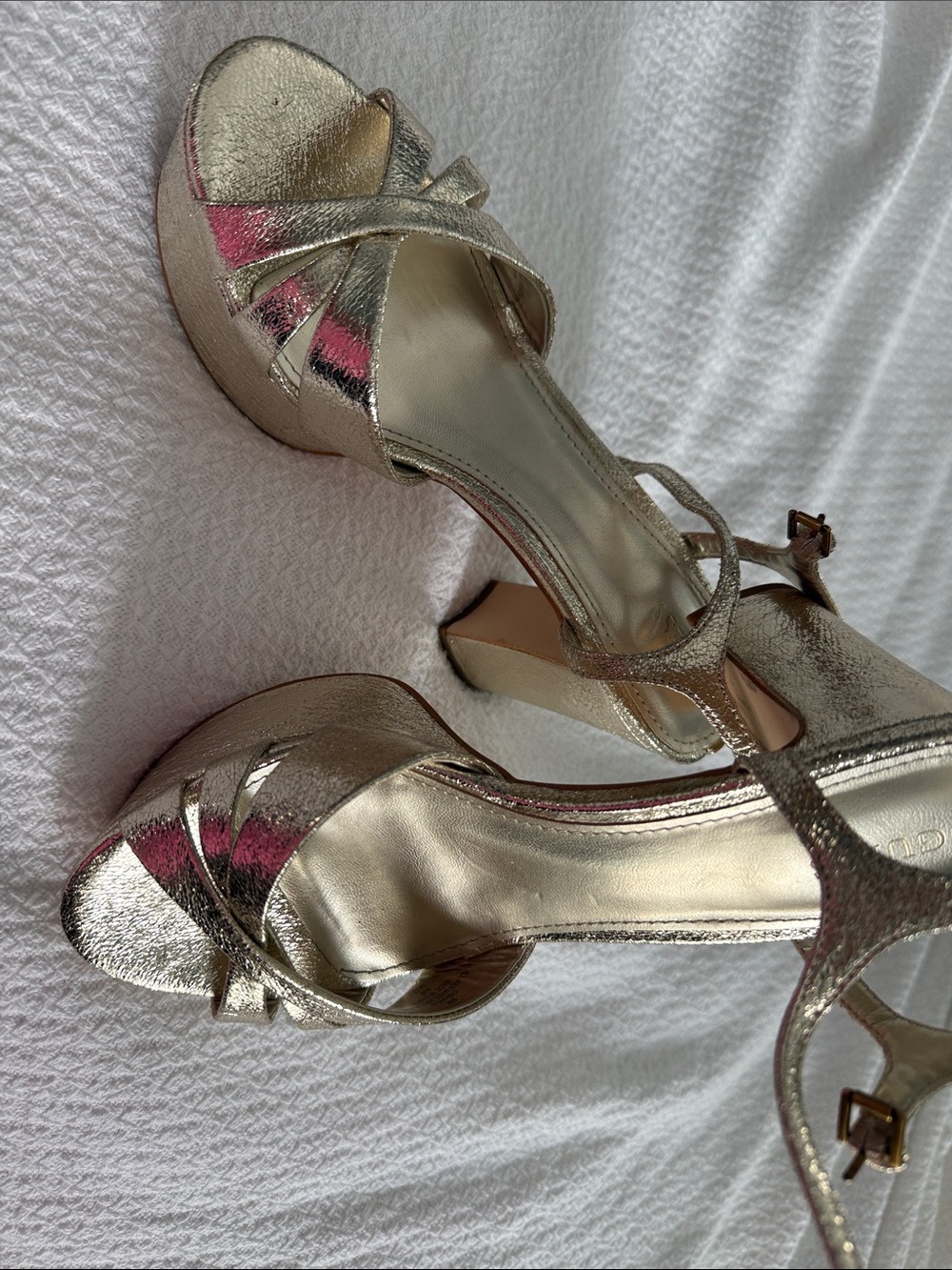 Guess Metallic Gold T-Strap Block Heel Sandals